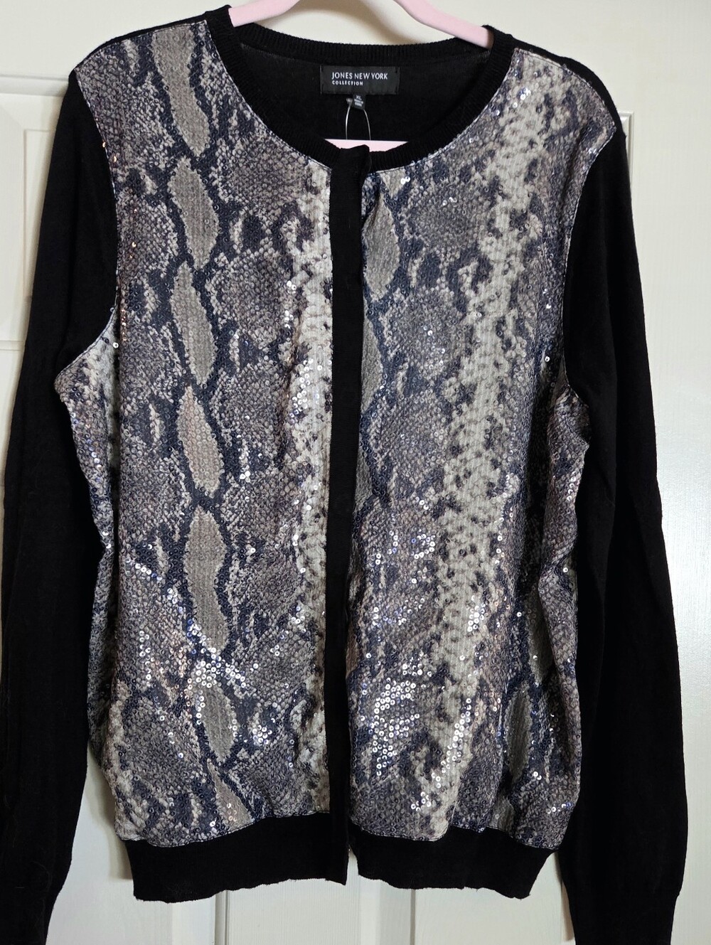 Jones New York Sequin Snake Print Cardigan - Black & Gray